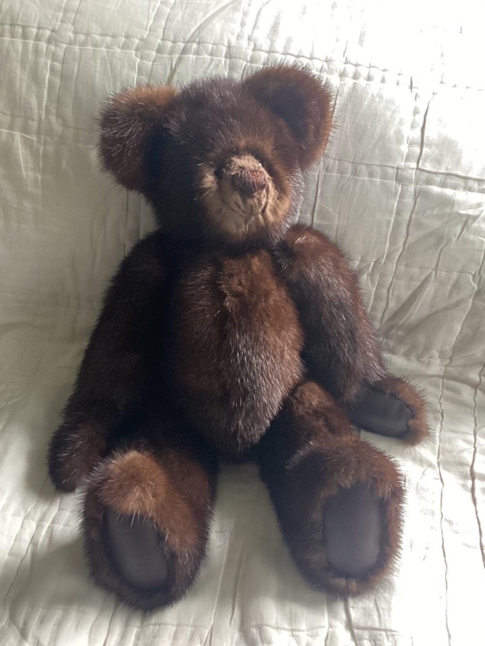 VINTAGE ARTICULATED BROWN MINK FUR AND LEATHER TEDDY BEAR